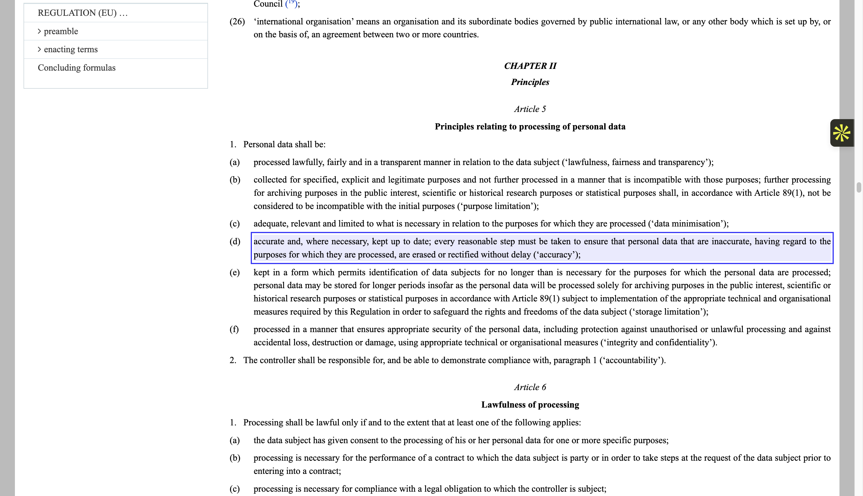 The text of GDPR Article 5(1)(d), the accuracy principle, on the EUR-Lex official journal page.
