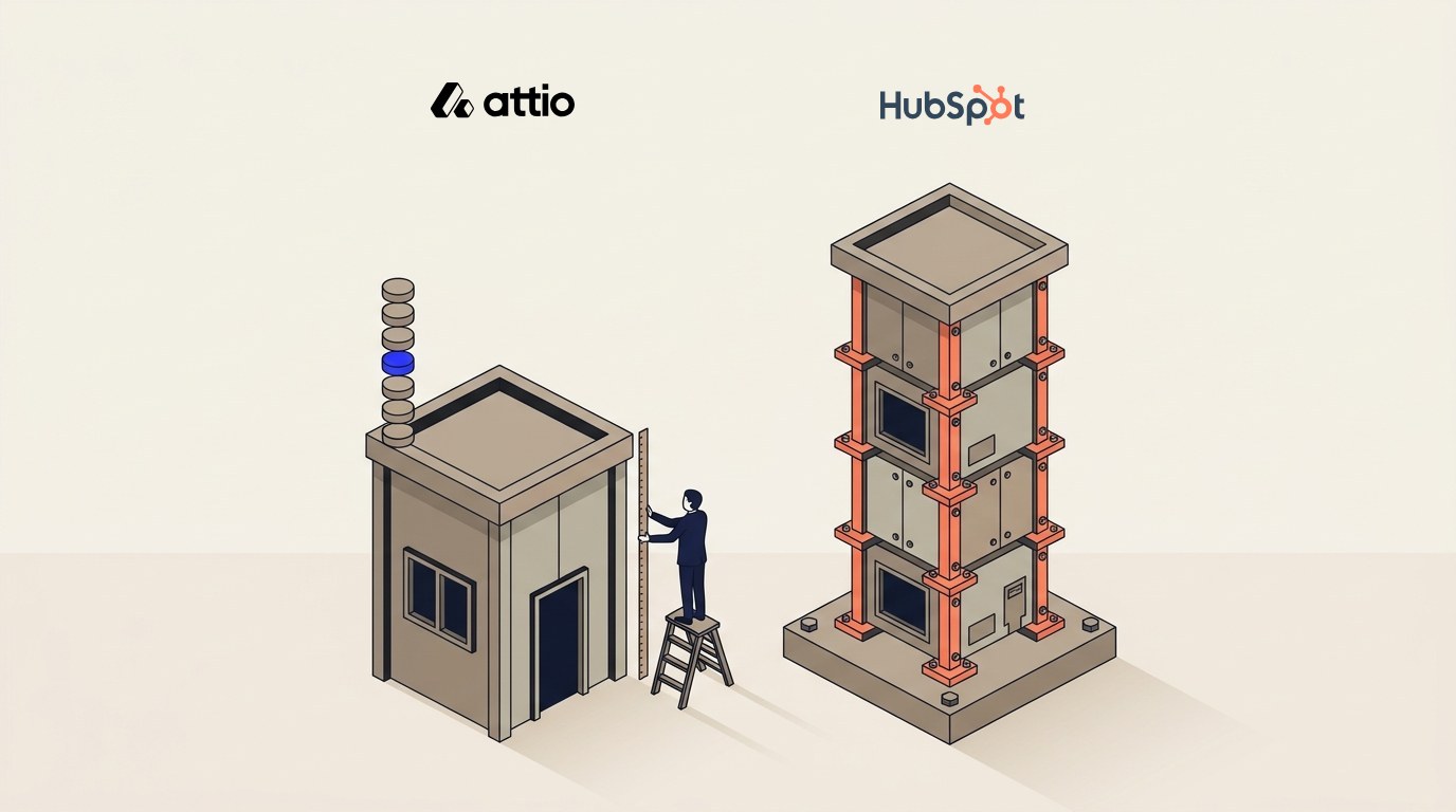 Two towers of stacked modules under a rising price line, one tower topped by a small extra block labelled as a one-time fee, representing HubSpot's required onboarding charge that the other tower does not carry