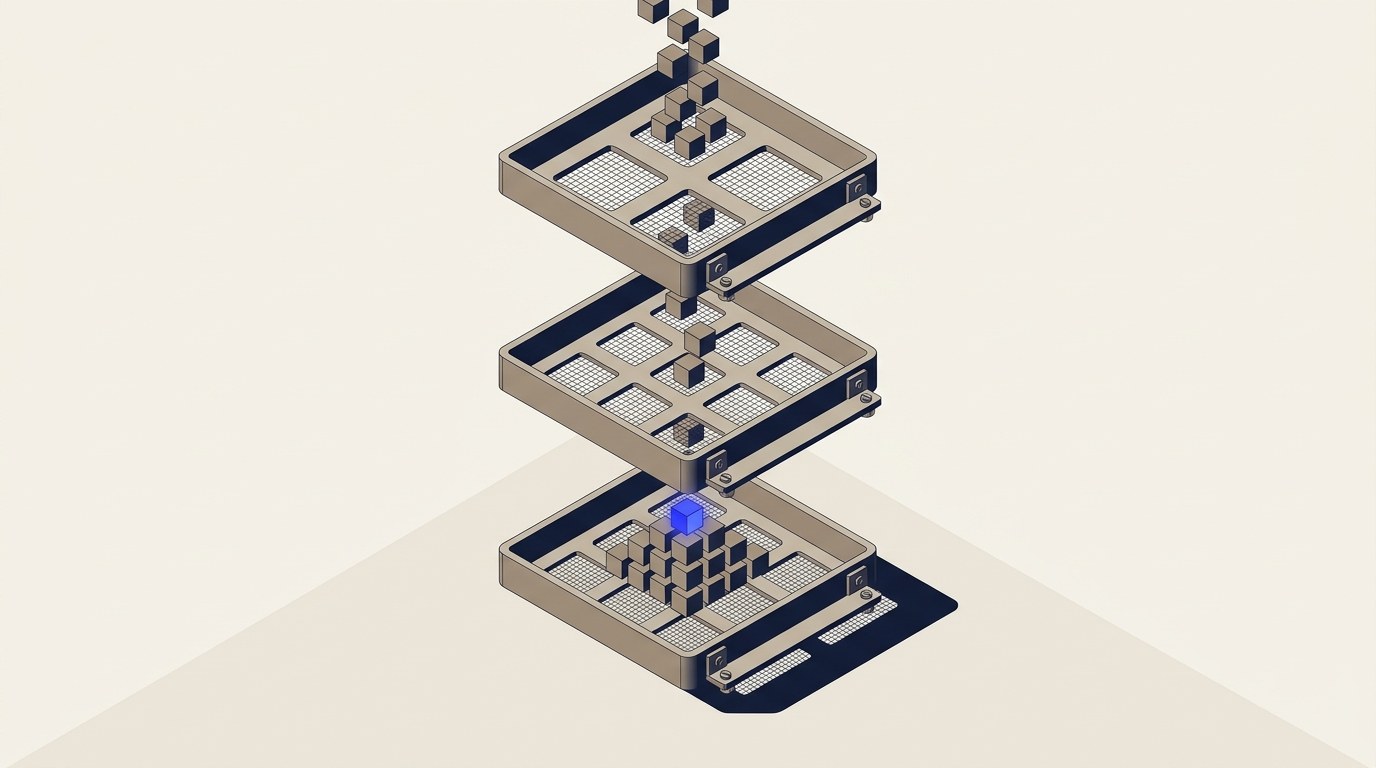 Three isometric sieve trays stacked vertically with progressively smaller mesh holes from top to bottom, a stream of small cubes falling through the top two trays and only the bottom fine-mesh tray catching and holding a stacked pile of cubes, with one cube glowing electric blue.