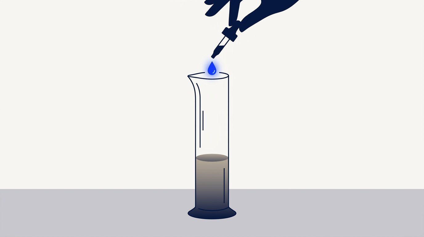 Illustration of a tall glass measuring cylinder filled only at the bottom, with a hand above it adding a single drop from a dropper.