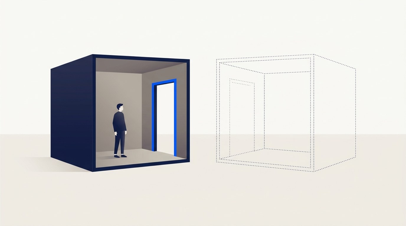 Illustration of two identical rooms side by side, the left one built solid with a figure standing inside it, the right one drawn only as a faint dotted outline with no floor.