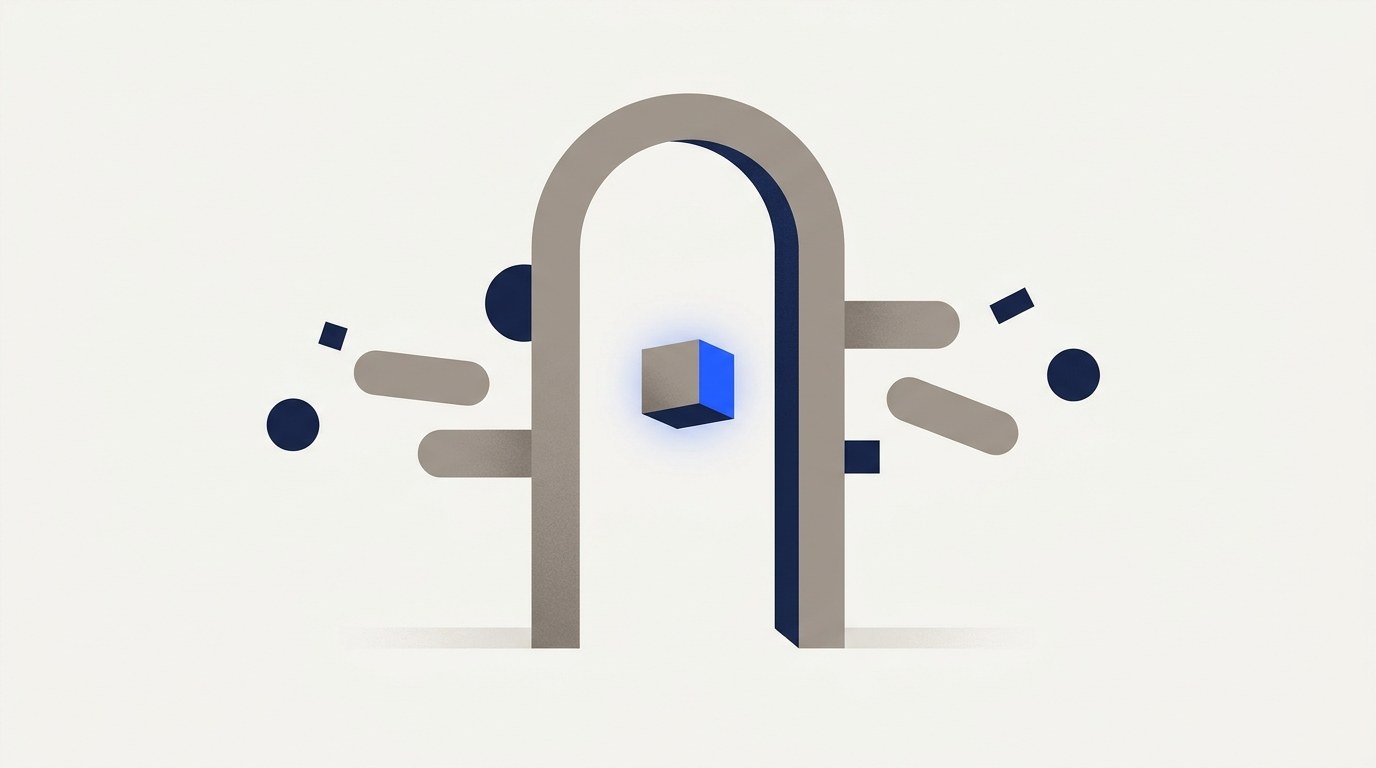 Illustration of a narrow doorway exactly one cube wide with a single cube passing through it, while several differently sized shapes drift past unobstructed on either side of the frame.