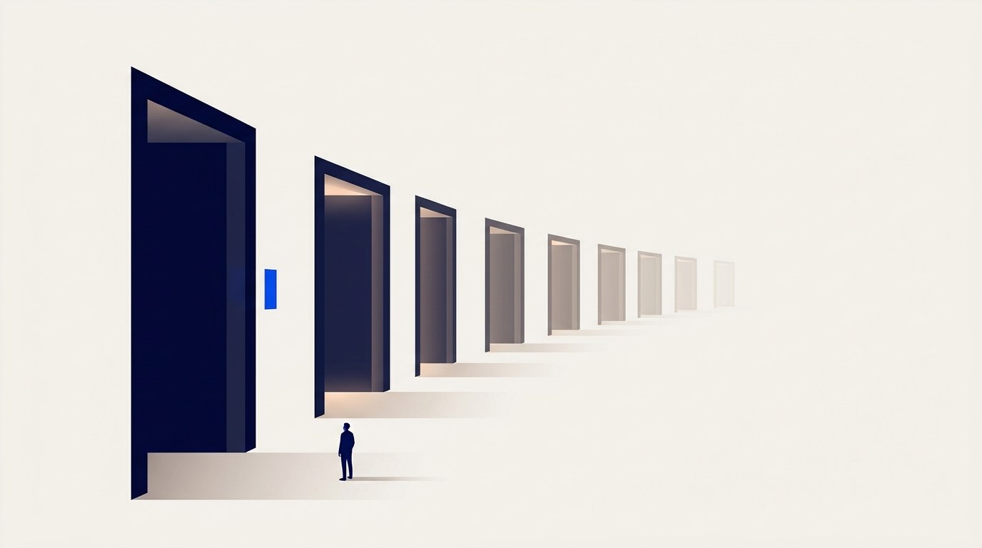 Illustration of a long corridor of doorways receding into the distance, the nearest three solid and lit, the furthest ones faded into empty pale space, with one small figure standing at the near end.