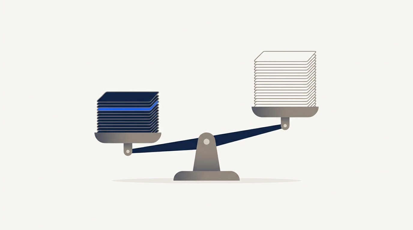 Illustration of a balance scale with a dense stack of solid cards on the left pan outweighing a taller stack of hollow outlined cards on the right.