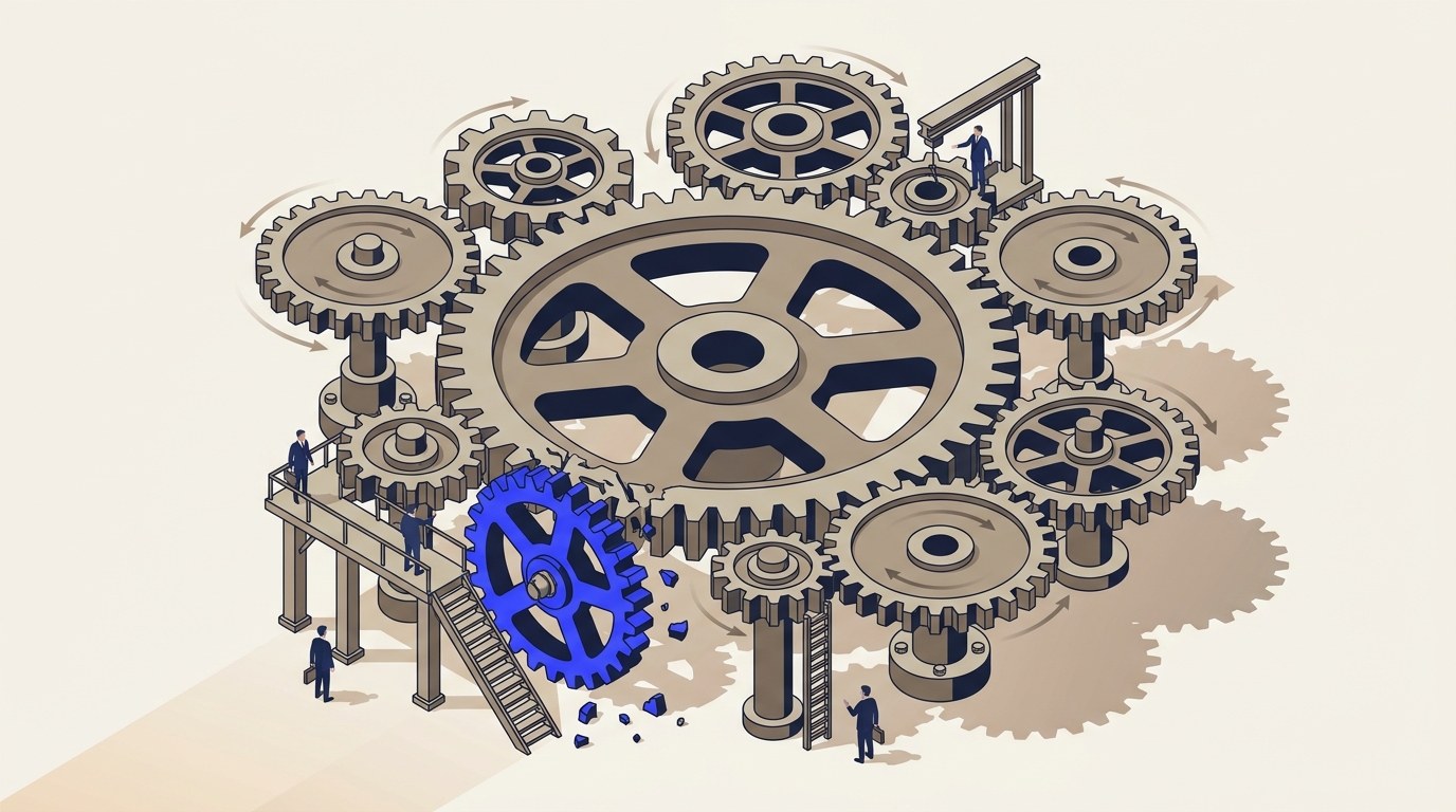 Isometric illustration of a large interconnected gear mechanism with eight gears; seven turn smoothly with motion arrows, while one gear rendered in vivid blue is jammed and visibly cracking against the central gear.