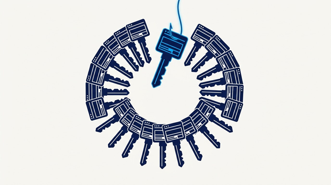 Illustration of a ring of keys where each key head is a simplified software window, with one key being lifted away from the ring.