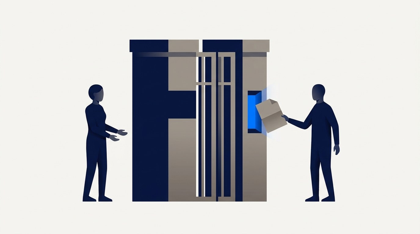 Illustration of a closed gate with a glowing slot, one figure passing a folded document into the slot from the right while another waits empty-handed on the left.