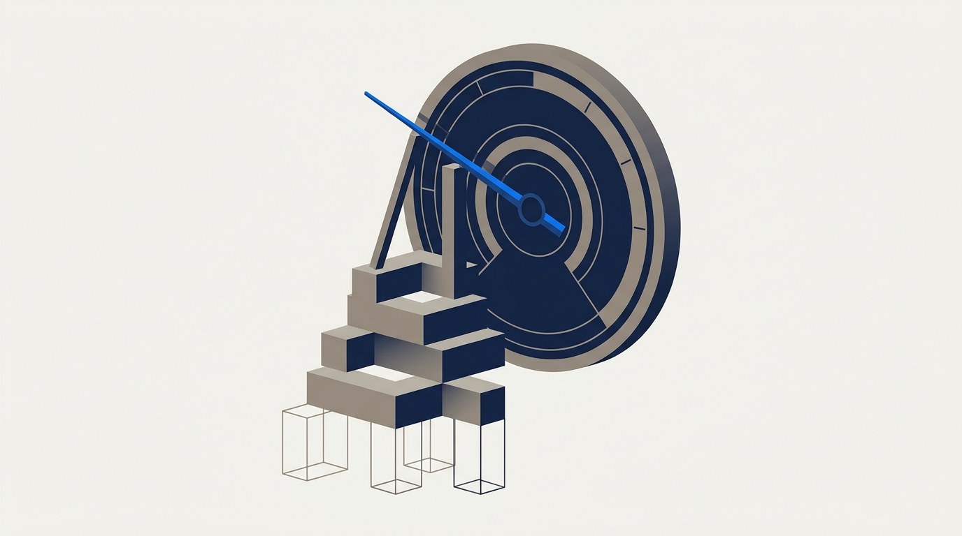 Illustration of a large analogue dial propped up by a stack of geometric blocks whose lowest row is drawn as hollow outlines rather than solid shapes.