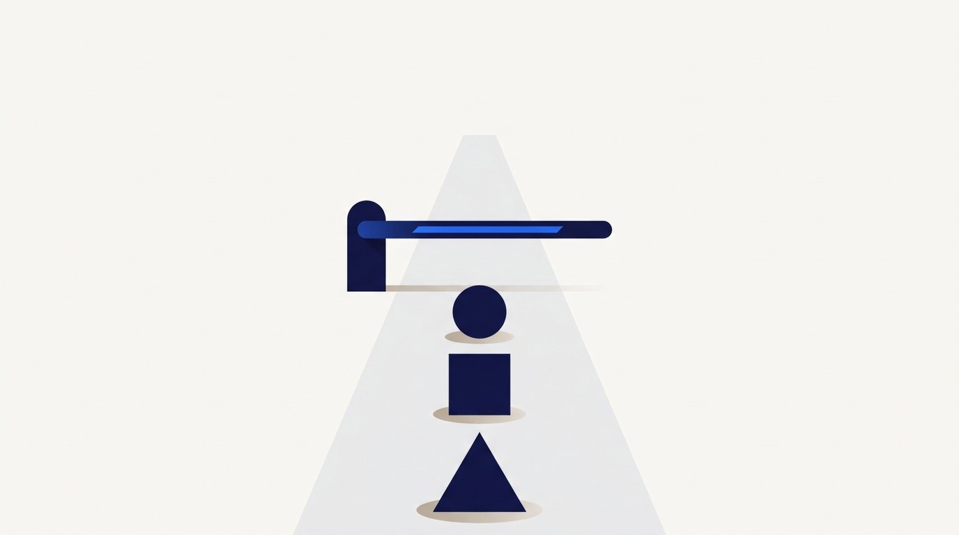 Illustration of a lowered gate arm across a path with three simple geometric shapes queued behind it and the path beyond it empty.