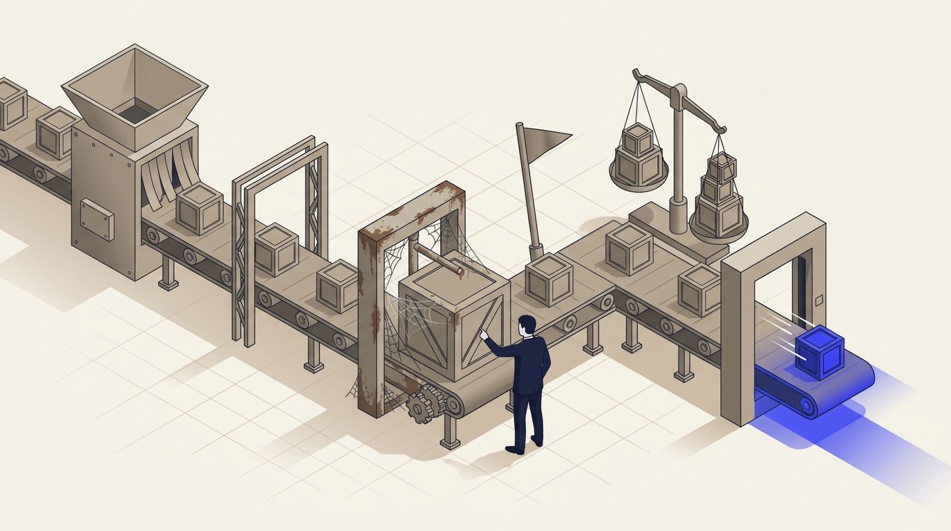 Isometric illustration of a conveyor line running through six checkpoint gates: an inbox funnel, an open archway, a rusted cobweb-covered turnstile with one oversized crate stuck in it, a leaning warning flagpost, an uneven balance scale, and a final gate a small electric blue crate is shown exiting fast. A navy-suited figure stands beside the stuck crate pointing at it.