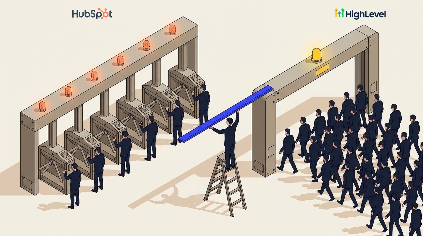 Isometric illustration of two stacks of blocks on a plinth, the GoHighLevel logo above the left one and the HubSpot logo above the right. The left stack is one wide flat slab with a few small blue add-on blocks bolted to its side, labelled with a dollar sign. The right stack rises in many thin identical layers, resting on a wide orange slab near the top. A figure on a stepladder holds a measuring rod against the stacks.