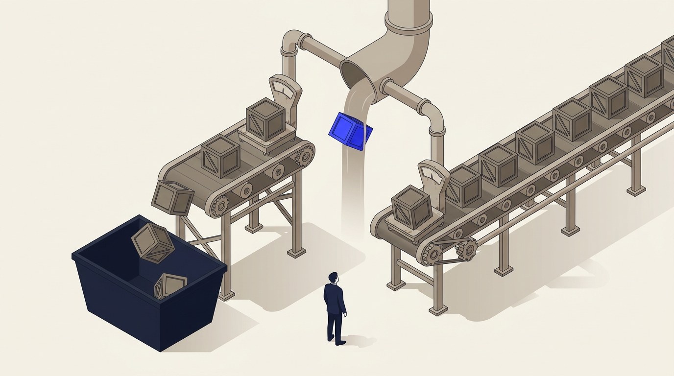 Isometric illustration of two conveyor belts feeding weighing scales, one short belt losing most of its crates into a reject bin below, one long belt carrying nearly all its crates through cleanly, both merging into a single overhead pipe pouring out one blue crate.