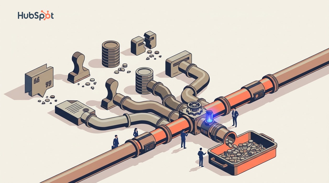 Isometric illustration of a single pipeline merging four separate revenue streams, a quote, a contract, a coin stack and a card reader, into one collection tray, with the same four shapes shown disconnected and spilling coins in the background.