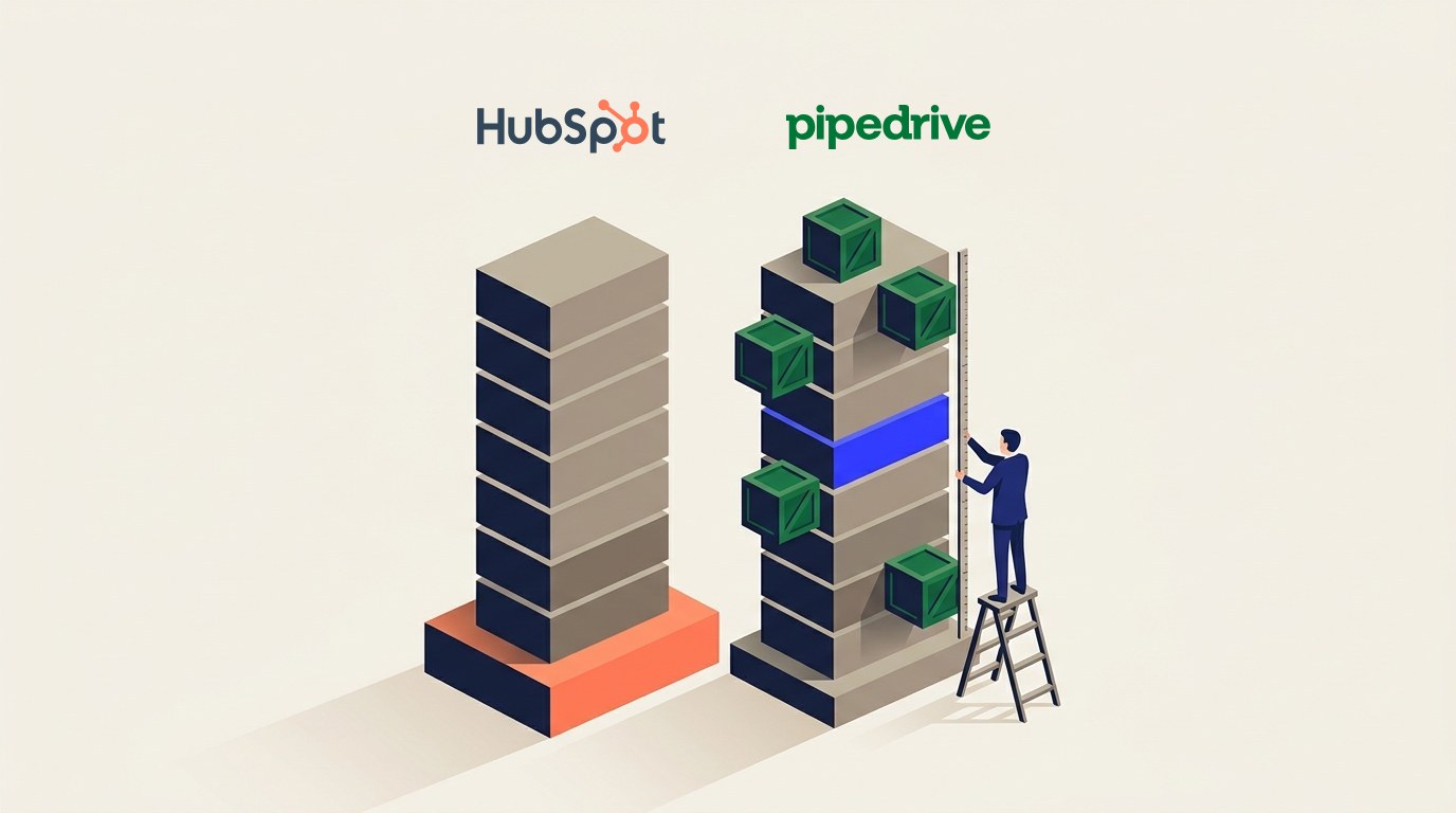 Isometric illustration of two stacks of blocks on a plinth, the HubSpot logo above the left one and the Pipedrive logo above the right. The left stack rests on a wide orange slab. The right stack has green crates bolted onto its sides, and one blue block in its middle. A figure on a stepladder holds a measuring rod against the stacks.