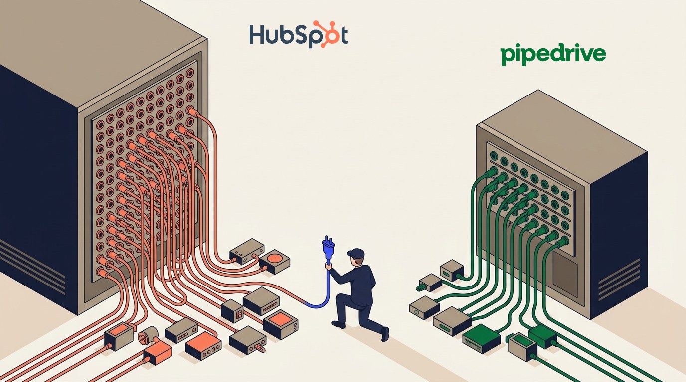 Isometric illustration of two machine cabinets facing each other, the HubSpot logo above the left and the Pipedrive logo above the right. The left cabinet has a large dense socket panel with many orange cables running to devices; the right has a smaller panel with green cables. A kneeling figure in a navy suit holds one cable with a blue plug.