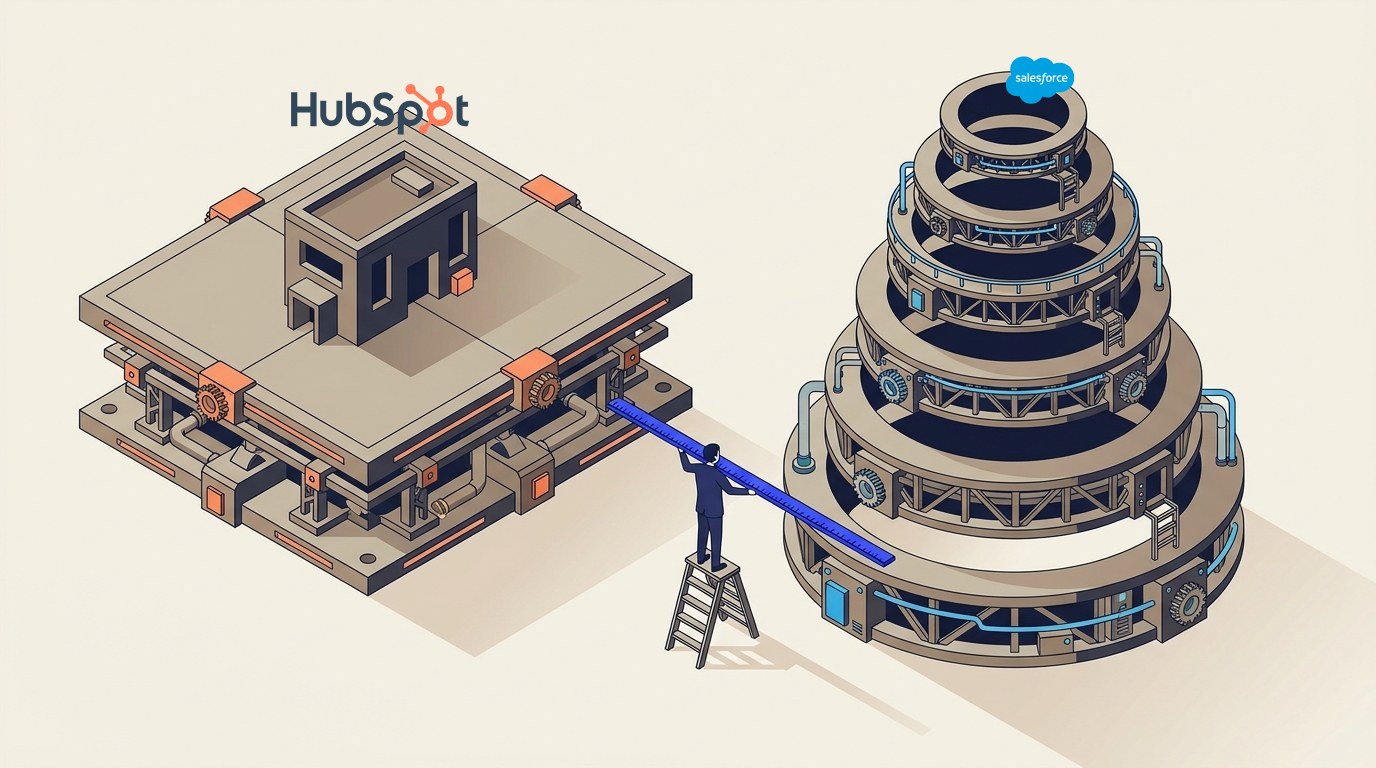 Isometric illustration of two structures on a plinth, the HubSpot logo above the left one and the Salesforce logo above the right. The left structure is a single wide orange slab with a small taupe room stacked on top. The right structure is a taupe tower where each level is a proportionally larger blue-ringed ring than the one below it, growing outward like a stepped pyramid. A figure on a stepladder holds a measuring rod between them.