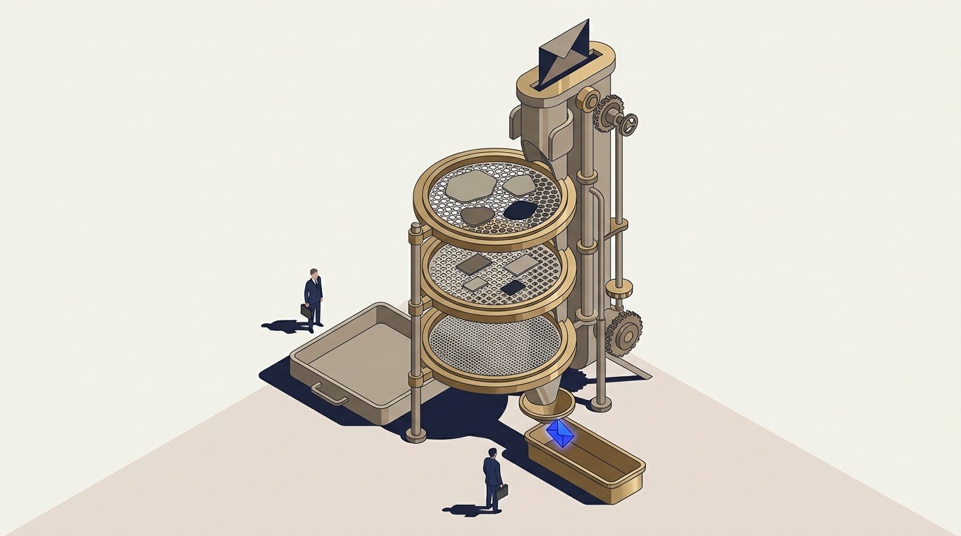 Isometric illustration of a three-stage industrial sieve tower. A wide top funnel receives a large pile of assorted irregular shapes, each mesh stage below is progressively finer, larger rejected shapes fall into side bins at each level, and one small item drops from the final stage onto a tray at the bottom.