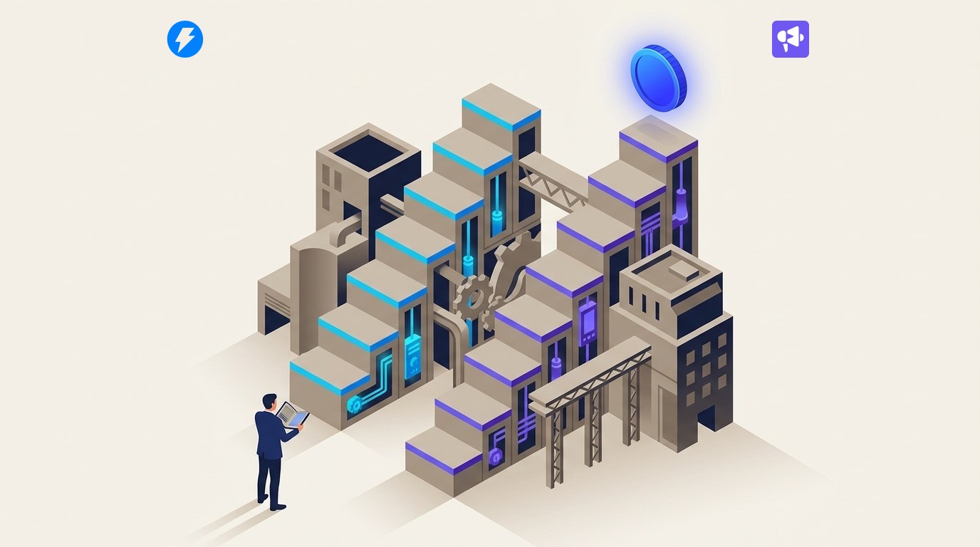 Isometric illustration with the Instantly logo above the left rail and the Smartlead logo above the right one. A stepped price-ladder made of taupe blocks rises left to right, two thin parallel rails of small blocks climbing the steps, azure for one track and violet for the other, with a single glowing coin at the top step. A navy-suited figure crouches at the bottom holding an open ledger.
