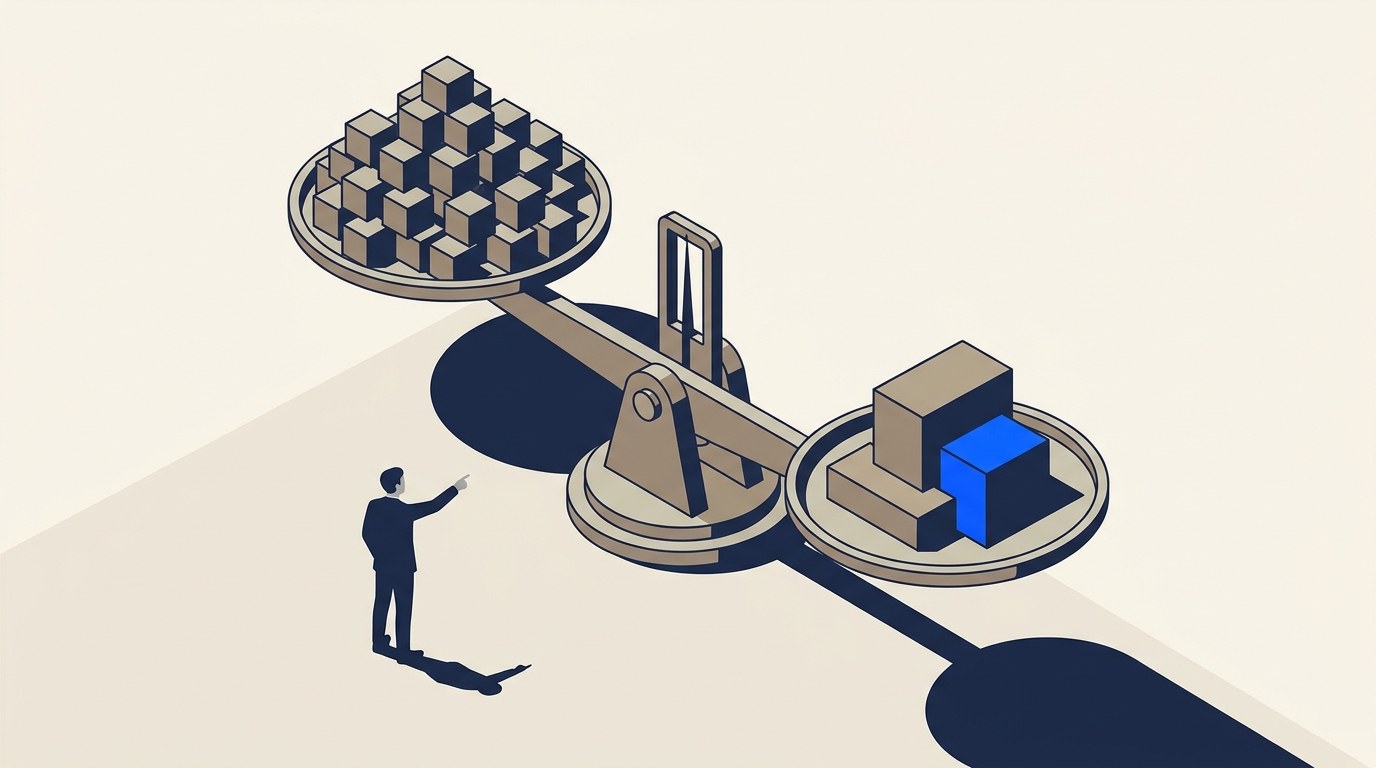 Isometric illustration of a mechanical balance scale. The left pan holds a large disorganized pile of small identical grey blocks and sits raised. The right pan holds a handful of larger blocks including one vivid blue block, and has tipped lower. A navy-suited figure stands beside the scale pointing at the tipped side.