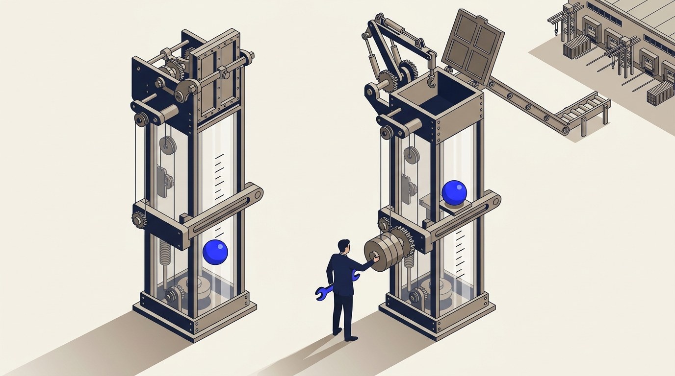 An isometric illustration of two measuring towers, one with a blue marker below a closed threshold gate and one with the marker at the threshold with the gate open