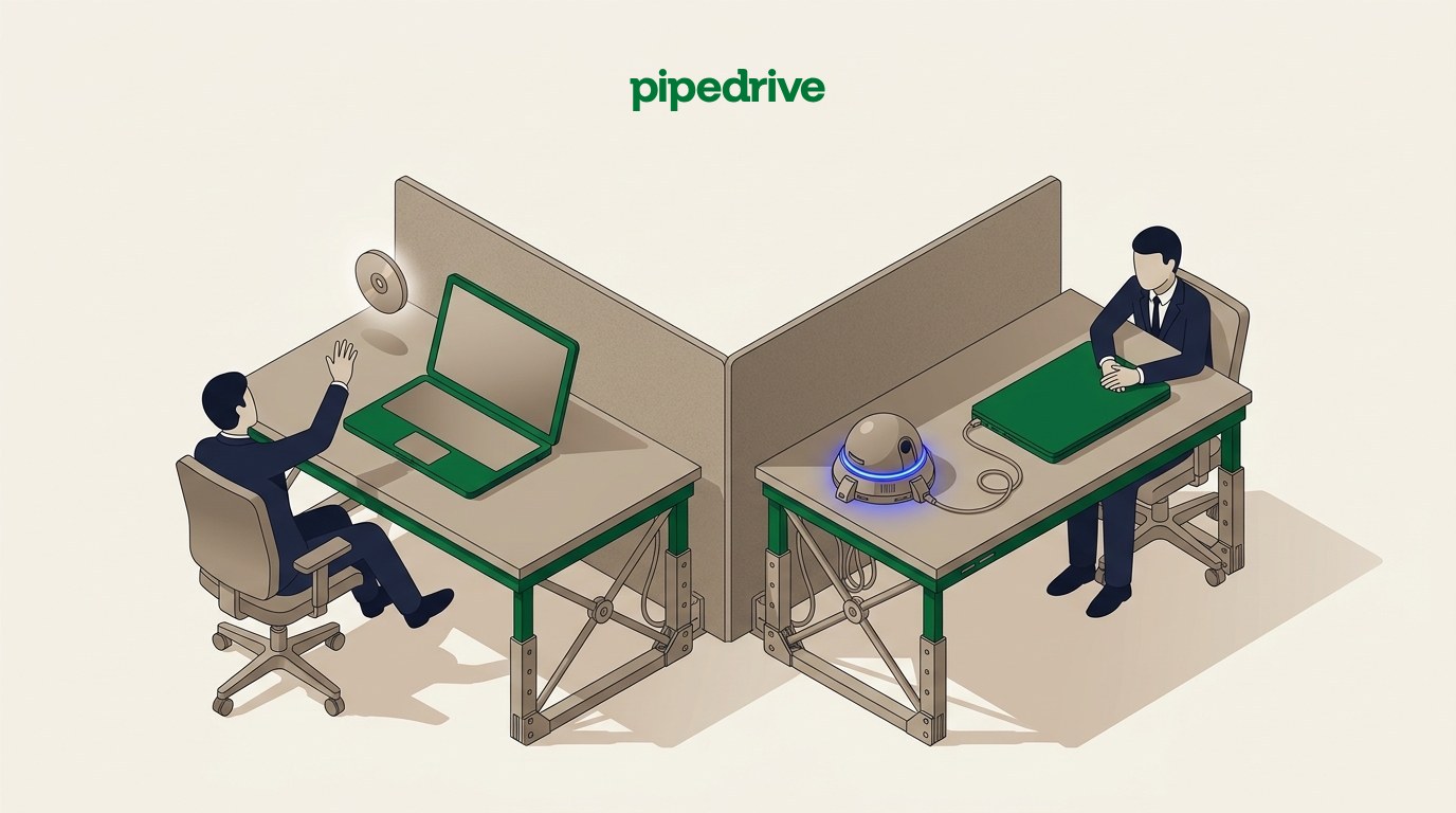 Isometric illustration of two desks side by side. On the left, a figure waves off a small floating disc icon hovering over a laptop screen. On the right, a figure sits facing a laptop connected by cable to a glowing blue desktop capture device, with no icon on the screen. The Pipedrive wordmark sits above the scene.
