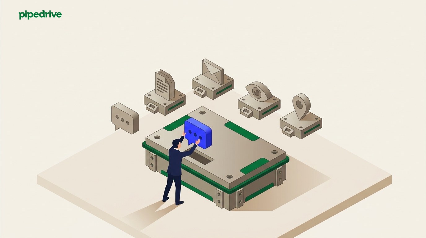 Isometric illustration of a large flat base platform with several empty socket cutouts on its top face. Around the platform, five small floating modules are shown as a folded document, an envelope, a chat bubble, an eye shape, and a map pin. A figure in a navy suit reaches up to slide the blue chat-bubble module down into an open socket on the platform.