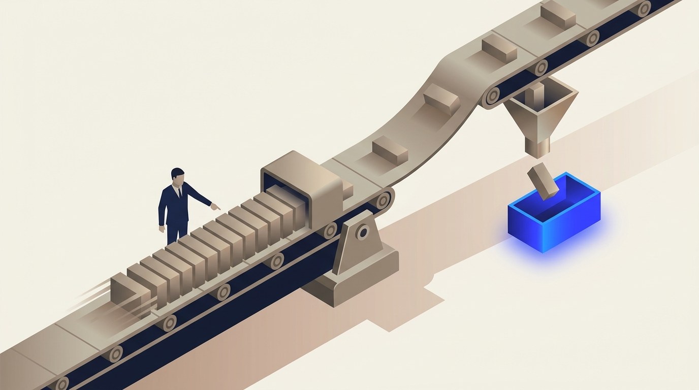 Isometric illustration of a conveyor belt with a tightly packed, fast-moving section in the foreground and a loosely spaced, slow section behind it, ending in blocks dropping through a funnel into a single glowing blue collection bin.