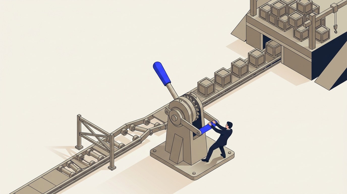 Isometric illustration of a small navy-suited figure pulling a large lever with an electric blue handle at a fork in a conveyor system. The left track is empty, fenced off and visibly jammed. The right track carries a steady line of crates toward a loading dock stacked with completed crates.