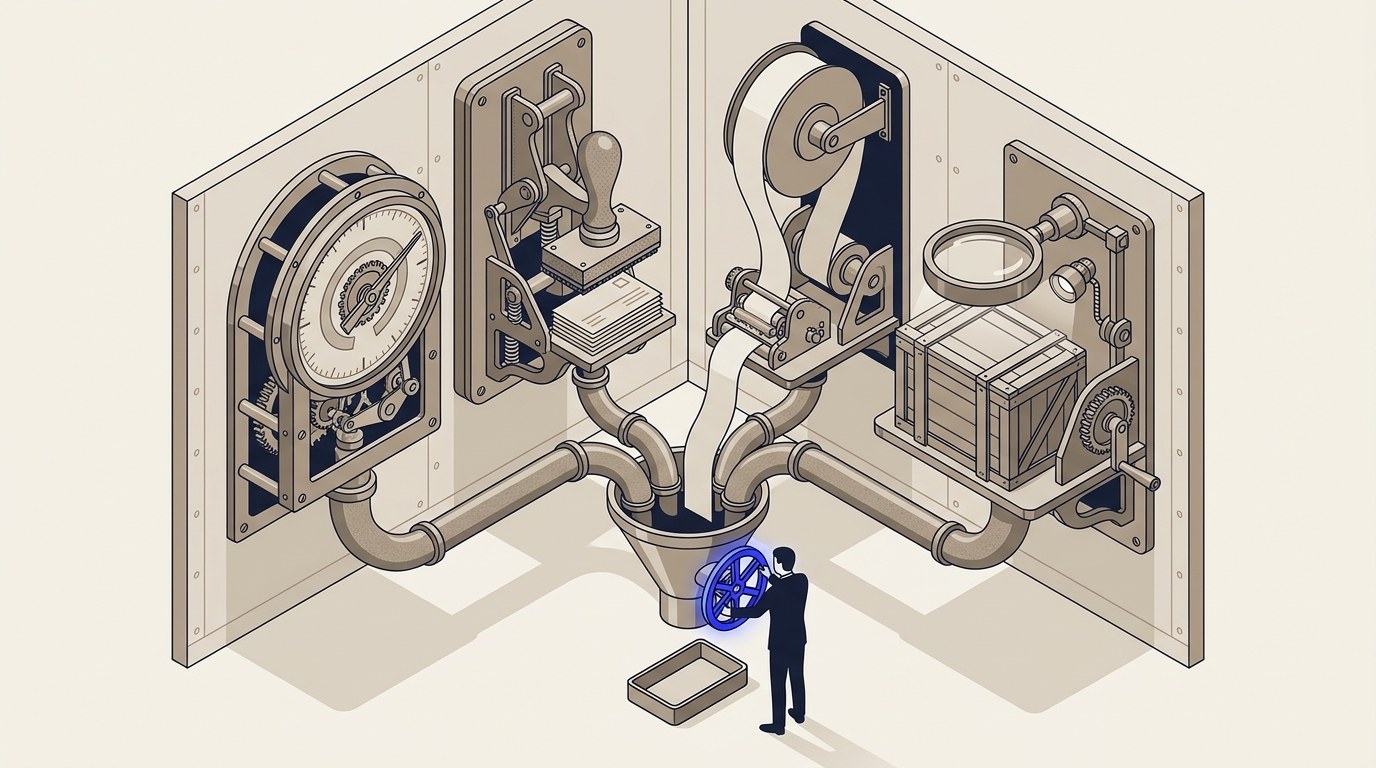 Isometric illustration of a wall holding four distinct mechanical instruments side by side: a dial gauge, a rubber-stamp press over a stack of cards, a scrolling ticker-tape spool, and a hand-crank magnifying inspection stand examining a crate. Pipes from all four run down into one shared funnel and a single output tray, where a navy-suited figure turns a valve wheel.