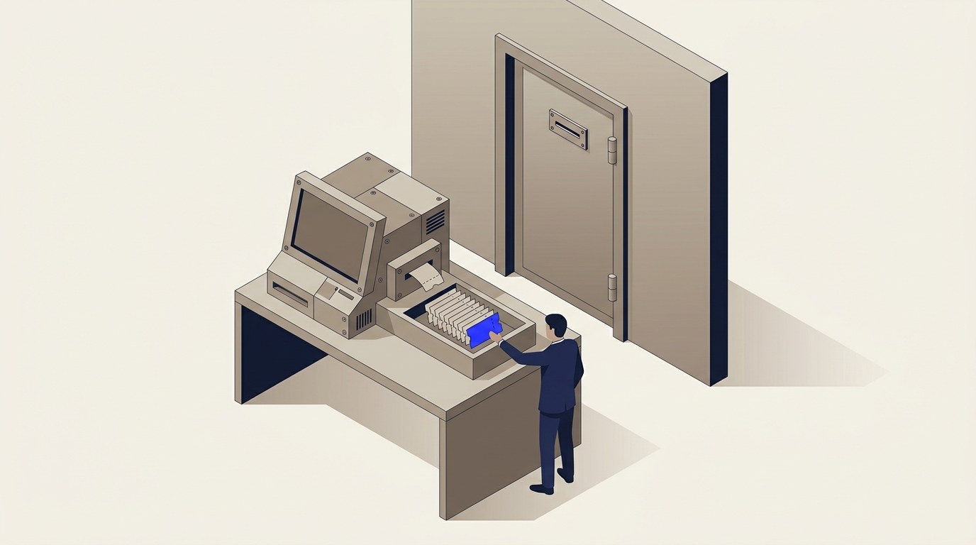 Isometric illustration of a CRM terminal automatically stamping paper tickets into an open tray, with a single ticket glowing electric blue, next to a separate sealed vault door set into the wall with a narrow coin slot.