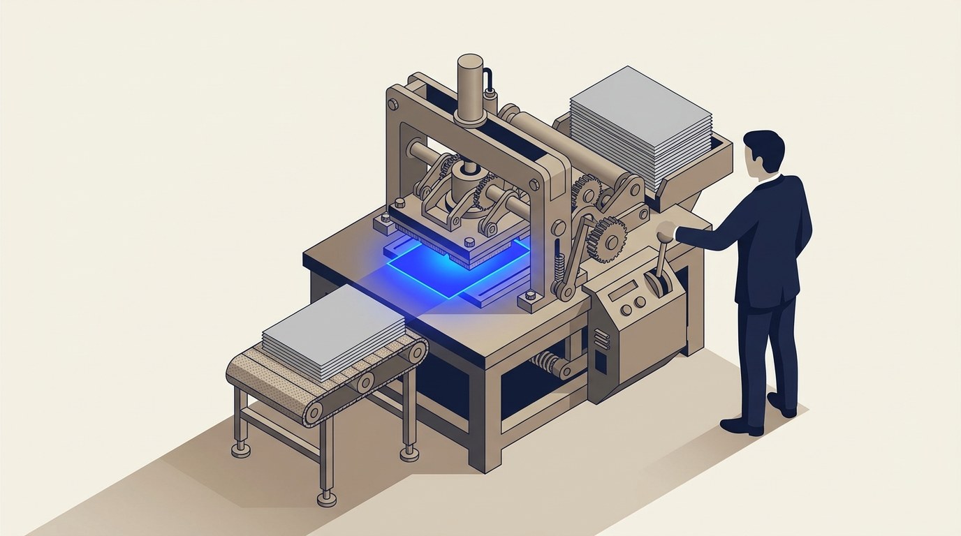 Illustration of a mechanical printing press stamping identical filled-in template cards from blank sheets, one card lit in electric blue as it is stamped, with a stack of finished cards waiting behind it.