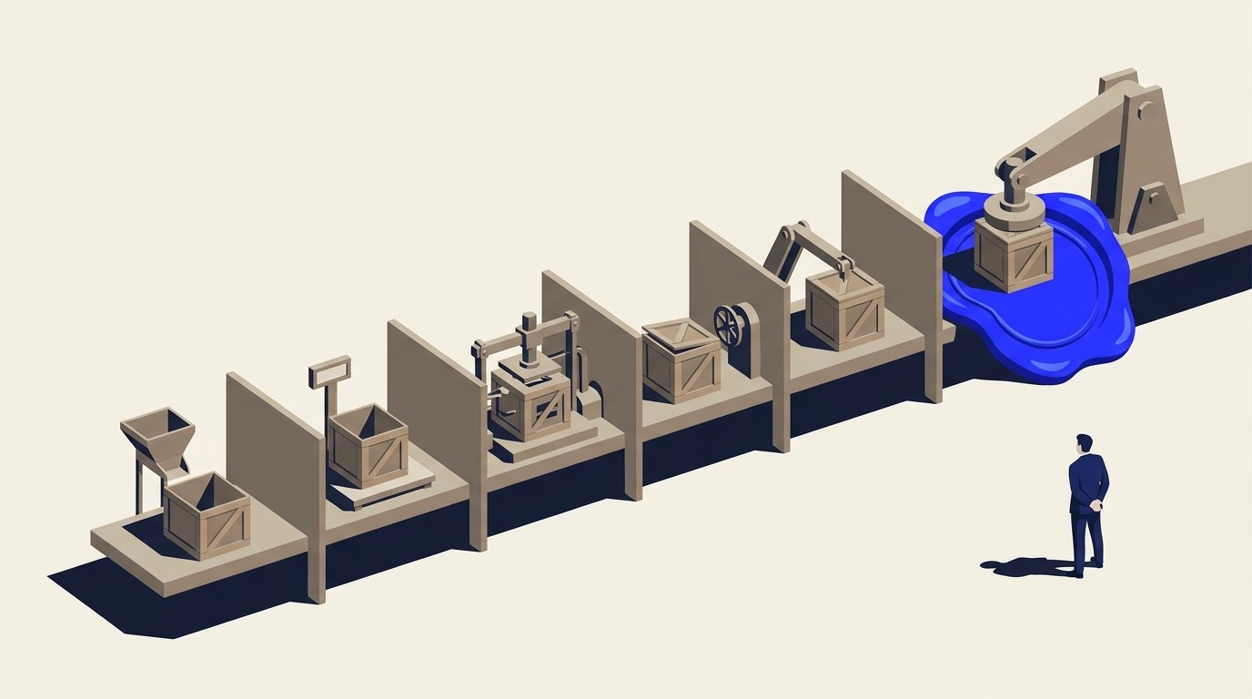 Illustration of six sequential conveyor-belt stations, each performing a distinct operation, feeding into one glowing blue stamping station at the end of the line.