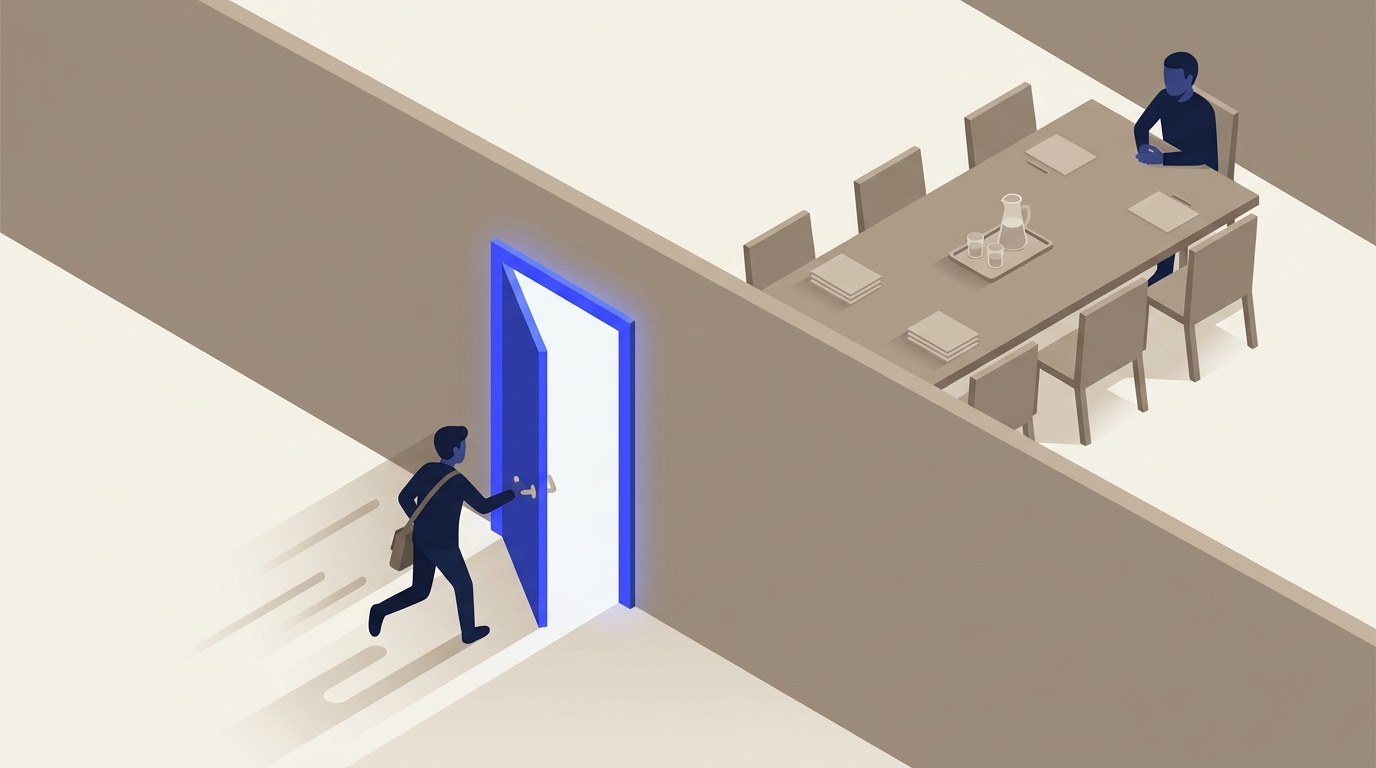 Illustration of a navy figure with a shoulder bag running up to a long taupe wall and pulling open a single blue-framed, brightly lit door. On the other side, a long meeting table with empty chairs, stacked papers and a water carafe leads to one navy figure seated alone at the far end with hands folded.