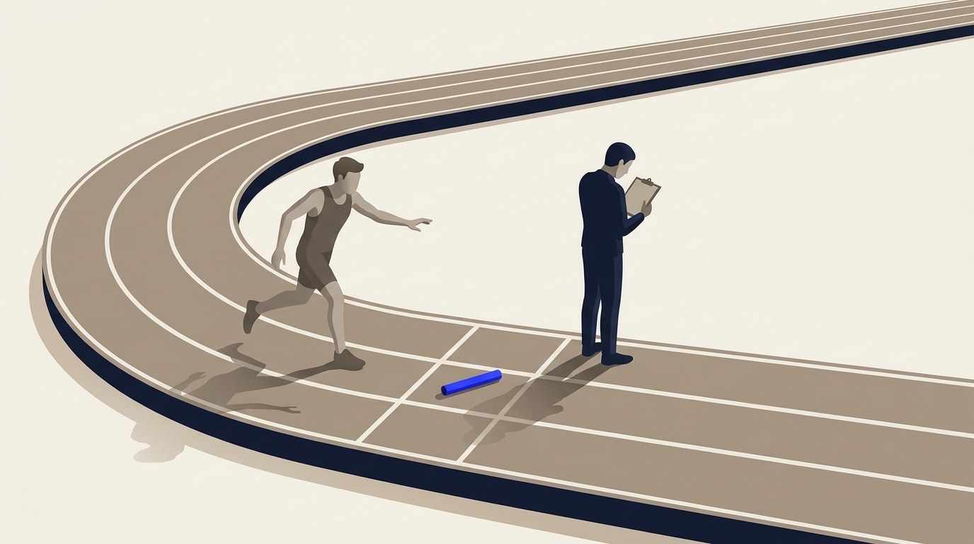 Illustration of a curved running track where a runner in taupe kit reaches forward with an empty hand, a blue relay baton lies dropped inside the marked exchange zone, and a man in a navy suit stands just beyond the line, head down over a blank clipboard.