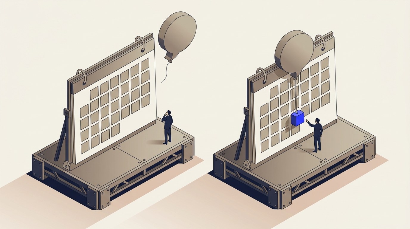 Isometric illustration comparing two identical calendar platforms: on the left a speech-bubble balloon floats untethered above a blank calendar, on the right an identical balloon is tied by a cable to one circled, raised, glowing blue date.