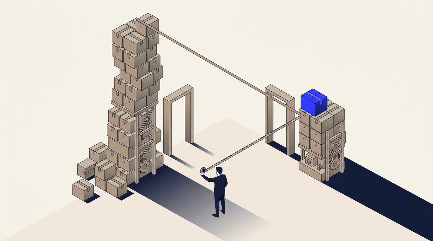 Isometric illustration of two box towers next to a doorway. The left tower is three times the doorway's height and spilling extra boxes onto the floor. The right tower matches the doorway's height exactly, with one glowing blue box on top and no spillage.