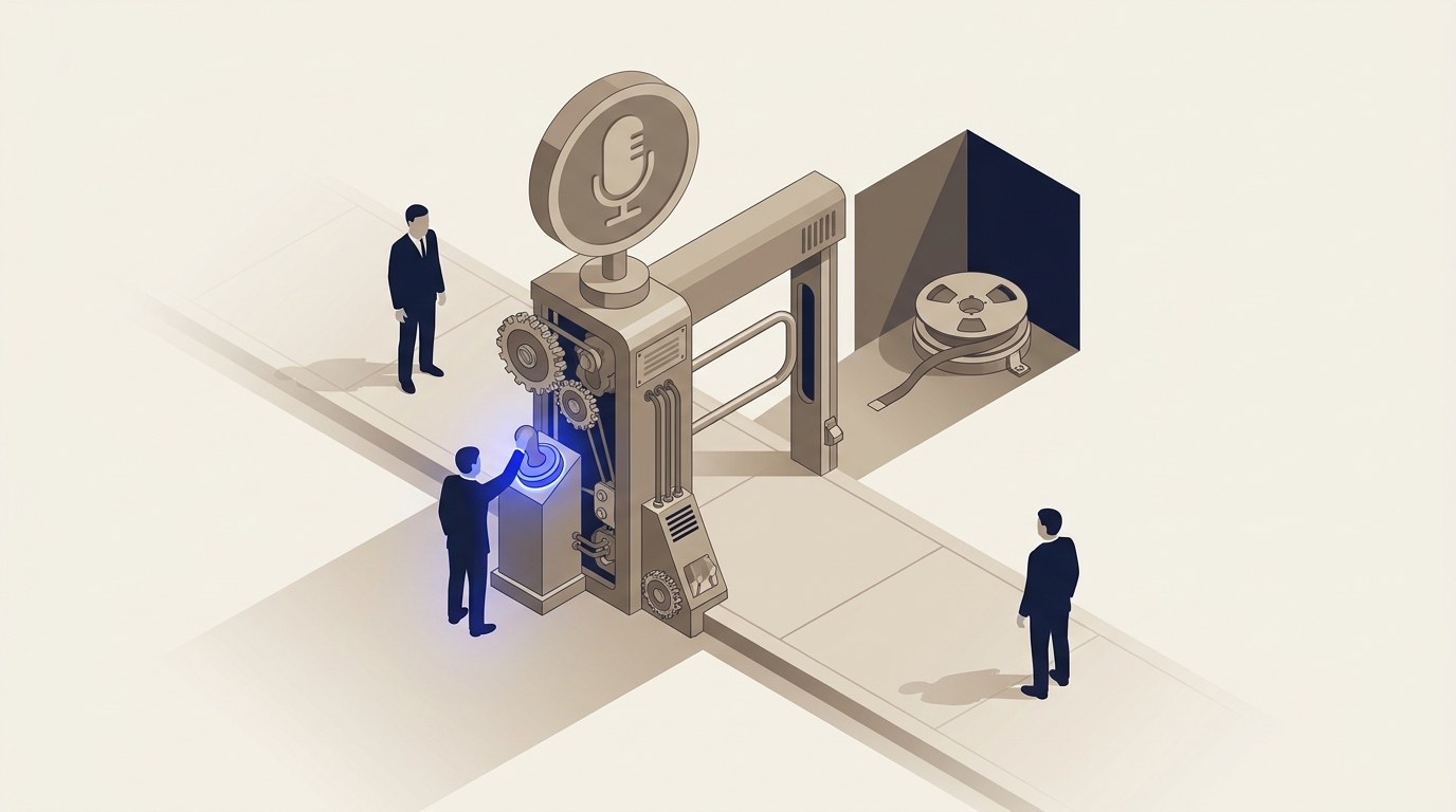 Isometric illustration of a turnstile gate mounted with a large microphone icon, with a navy-suited figure pressing a raised stamp that glows electric blue to lift the barrier, opening onto an alcove holding a single reel of recording tape, while a second figure waits on the near side