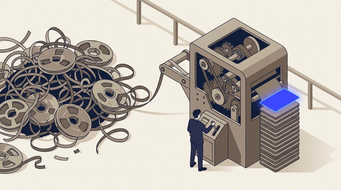 Isometric illustration of a tangled heap of loose tape reels and recording ribbon on the left feeding into a geared sorting machine on the right, which stacks the ribbon into a neat column of identical cards, with one card on top glowing vivid electric blue while a navy-suited figure operates a lever