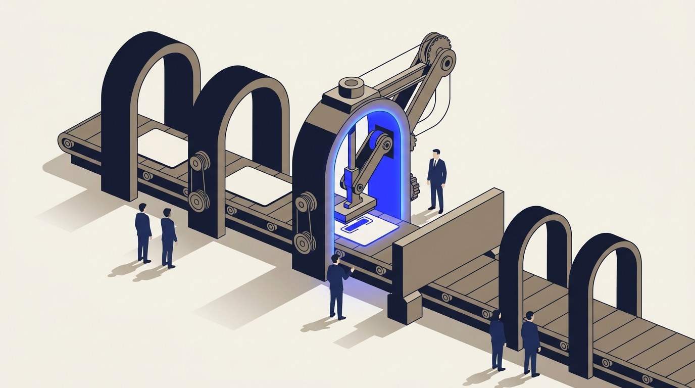 A conveyor belt carrying one record through five scanning arches, where the third glows blue and stamps the record while a barrier blocks the remaining two arches from running