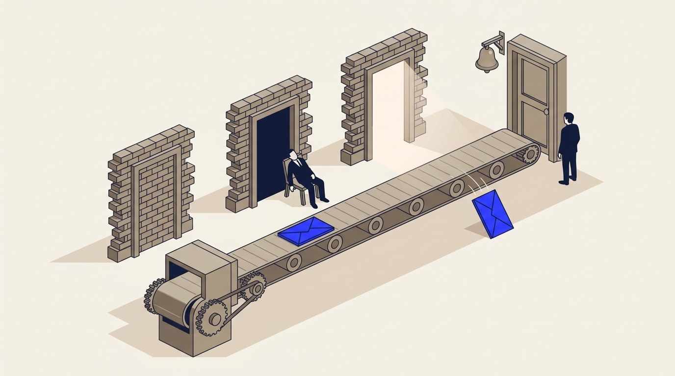 Isometric illustration of a conveyor belt carrying an envelope past a bricked-up doorway, a dark doorway with a sleeping figure inside, and a lit doorway with no bell, ending at a correctly wired doorway with a bell where a figure watches an envelope fall to the floor.
