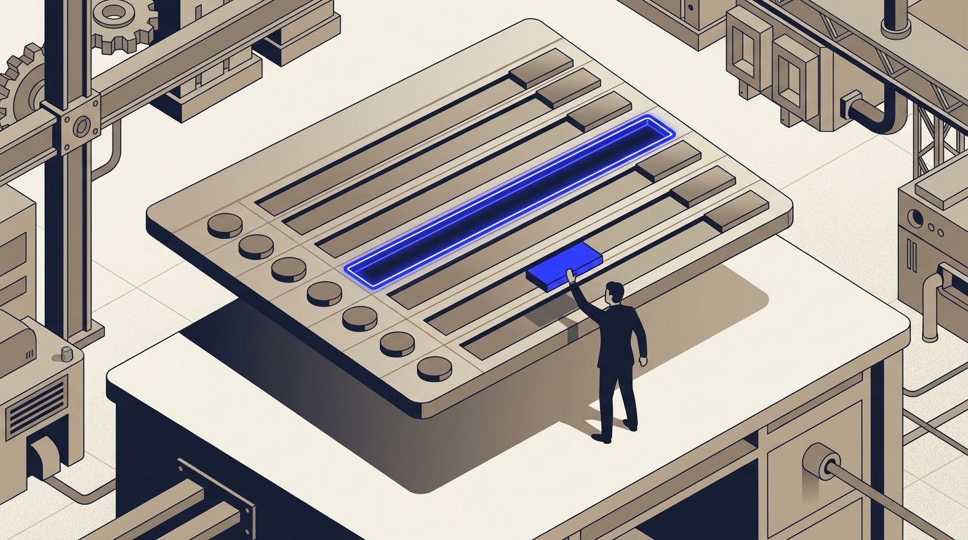 An isometric illustration of a CRM record card with eight paired rows of fields, one row glowing electric blue where a notes field sits empty beside a completed status field.