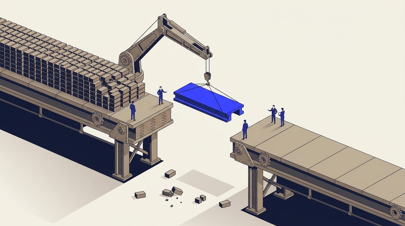 Illustration of a crane lowering a blue bridge segment into a gap between two elevated platforms, with several blocks having already fallen through the gap onto the ground below.